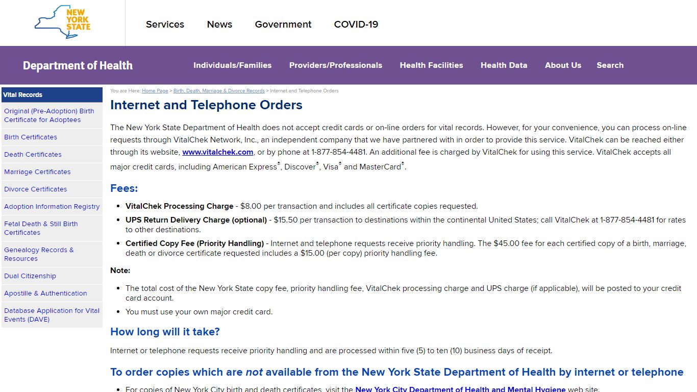 Internet and Telephone Orders - New York State Department of Health